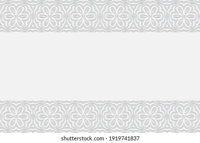 Geometric art convex volumetric 3D texture. Curly white background with embossed floral ornament of ethnic elements. A pattern of horizontal inserts.