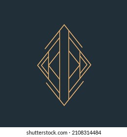 Logo del marco deco de arte geométrico. Líneas decorativas, triángulo, elemento hombus. Icono de diseño ornamental aislado en fondo oscuro. Elegante gráfico ilustrativo. Icono de estilo creativo. Signo de ornato.