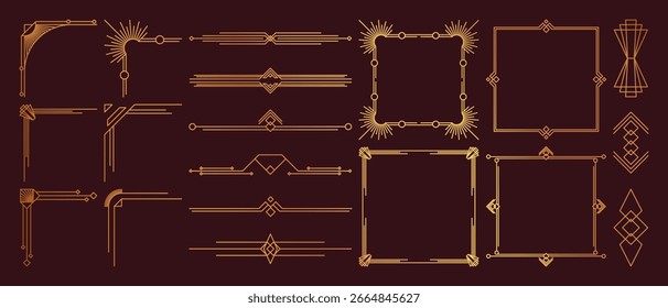 Conjunto vetorial de ornamento art déco geométrico. Elementos decorativos dourados de luxo com diferentes linhas, quadros, cabeçalhos, divisores e bordas. Conjunto de design elegante adequado para cartão, convite, cartaz.