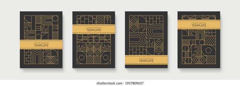 Geometric Art Deco geometric pattern with label, gold on black background. Golden, vintage, retro, autumn, winter, frame sign. Decorative abstract design, cover template, elegant luxury lines