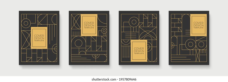 Geometric Art Deco geometric pattern with label, gold on black background. Golden, vintage, retro, autumn, winter, frame sign. Decorative abstract design, cover template, elegant luxury lines