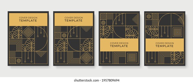 Geometric Art Deco geometric pattern with label, gold on black background. Golden, vintage, retro, autumn, winter, frame sign. Decorative abstract design, golden motif, elegant line luxury foil lines