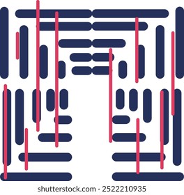 Geometric art with horizontal thick stripes with symmetry and red vertical lines.