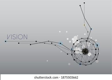 Arte geométrico, línea y punto de ilustración vectorial de iris ocular abstracto con texto Visión. Concepto de presentación, negocios y educación.