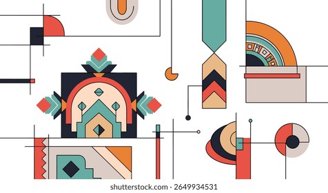 Geometric art patterns with bohemian inspired color palettes and abstract decorative elements