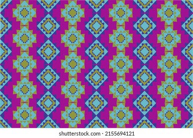 Geometrische Kunst nahtloses Design für Dekorhintergrund, Teppich, Tapete, Kleidung, Umhüllung, Batik, Stoff, Vektorgrafik. Weiß und blau-gelb pink , Sternenblumen formen modern ,