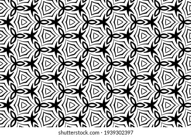Geometric artistic black white background with monochrome pattern. Ethnic motif in oriental style for wallpaper, stained glass. Template.
