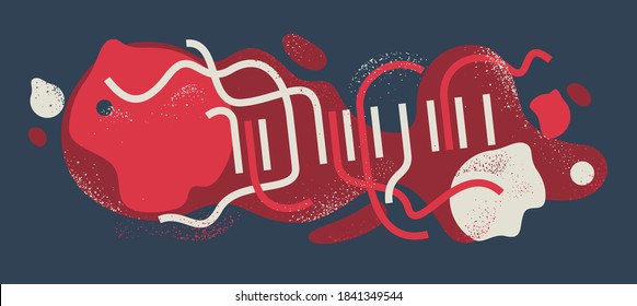 Geometric artistic vector background with lines splats and textures, abstract modern art composition, rhythmic and motional design decoration in red and black colors.