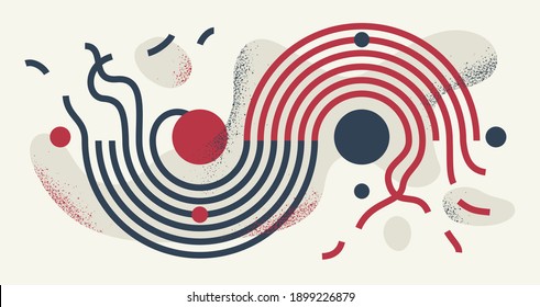 Geometric artistic vector background with lines and circles, abstract modern art composition, rhythmic and motional design decoration in red and black colors.