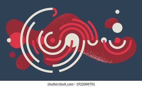 Geometric artistic vector background with lines and circles, abstract modern art composition, rhythmic and motional design decoration in red and black colors.