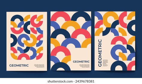 Geometric artwork covers set design in primary colors for businessess. Three geometric pattern cover designs collection in red, yellow, blue.