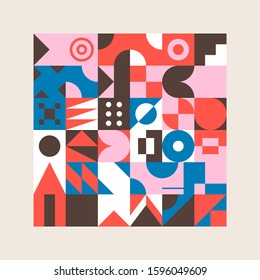 Geometric artwork design with simple shapes and figures. Abstract pattern graphics with geometrical forms and elements. Perfect for web banner, business presentation, branding package, fabric print.
