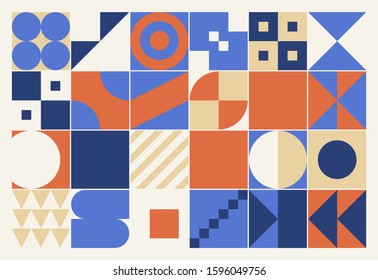 Geometric artwork design with simple shapes and figures. Abstract pattern graphics with geometrical forms and elements. Perfect for web banner, business presentation, branding package, fabric print.