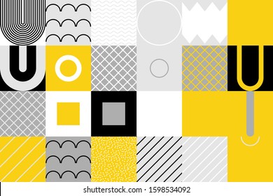 Geometric artwork design with simple shapes and figures. Abstract pattern graphics with geometrical forms and elements. Perfect for web banner, business presentation, branding package, fabric print.