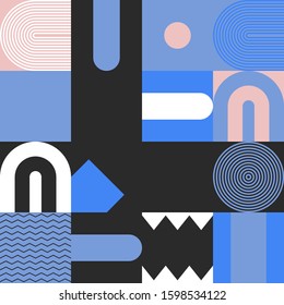 Geometric artwork design with simple shapes and figures. Abstract pattern graphics with geometrical forms and elements. Perfect for web banner, business presentation, branding package, fabric print.