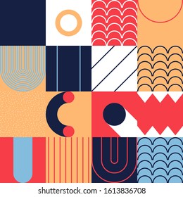 Geometric artwork design with simple shapes and figures. Abstract pattern graphics with geometrical forms and elements. Perfect for web banner, business presentation, branding package, fabric print.