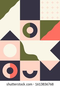 Geometric artwork design with simple shapes and figures. Abstract pattern graphics with geometrical forms and elements. Perfect for web banner, business presentation, branding package, fabric print.