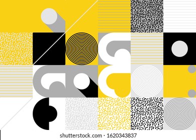 Geometric artwork design with simple shapes and figures. Abstract pattern graphics with geometrical forms and elements. Perfect for web banner, business presentation, branding package, fabric print.