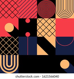 Geometric artwork design with simple shapes and figures. Abstract pattern graphics with geometrical forms and elements. Perfect for web banner, business presentation, branding package, fabric print.