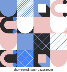 Geometric artwork design with simple shapes and figures. Abstract pattern graphics with geometrical forms and elements. Perfect for web banner, business presentation, branding package, fabric print.