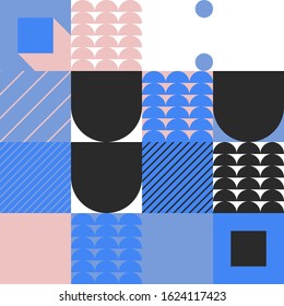 Geometric artwork design with simple shapes and figures. Abstract pattern graphics with geometrical forms and elements. Perfect for web banner, business presentation, branding package, fabric print.