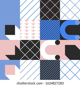 Geometric artwork design with simple shapes and figures. Abstract pattern graphics with geometrical forms and elements. Perfect for web banner, business presentation, branding package, fabric print.