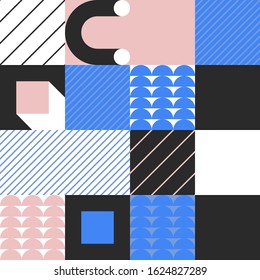 Geometric artwork design with simple shapes and figures. Abstract pattern graphics with geometrical forms and elements. Perfect for web banner, business presentation, branding package, fabric print.
