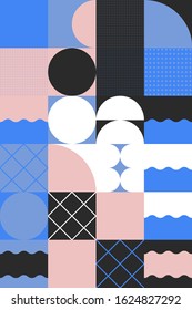 Geometric artwork design with simple shapes and figures. Abstract pattern graphics with geometrical forms and elements. Perfect for web banner, business presentation, branding package, fabric print.
