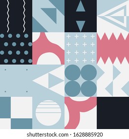 Geometric artwork design with simple shapes and figures. Abstract pattern graphics with geometrical forms and elements. Perfect for web banner, business presentation, branding package, fabric print.