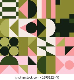 Geometric artwork design with simple shapes and figures. Abstract pattern graphics with geometrical forms and elements. Perfect for web banner, business presentation, branding package, fabric print.
