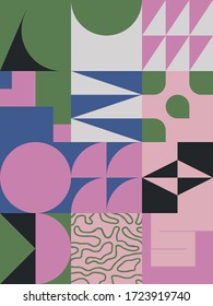 Geometric artwork design with simple shapes and figures. Abstract pattern graphics with geometrical forms and elements. Perfect for web banner, business presentation, branding package, fabric print.
