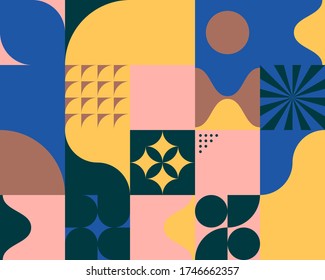 Geometric artwork design with simple shapes and figures. Abstract pattern graphics with geometrical forms and elements. Perfect for web banner, business presentation, branding package, fabric print.