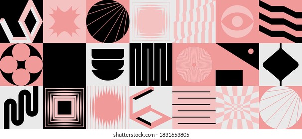 Geometric artwork design with simple shapes and figures. Abstract pattern graphics with geometrical forms and elements. Perfect for web banner, business presentation, branding package, fabric print.