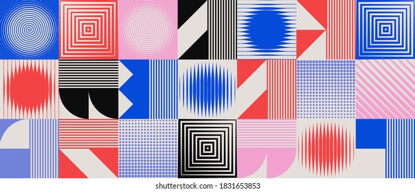 Geometric artwork design with simple shapes and figures. Abstract pattern graphics with geometrical forms and elements. Perfect for web banner, business presentation, branding package, fabric print.