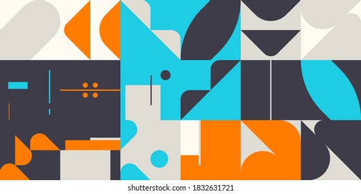 Geometric artwork design with simple shapes and figures. Abstract pattern graphics with geometrical forms and elements. Perfect for web banner, business presentation, branding package, fabric print.