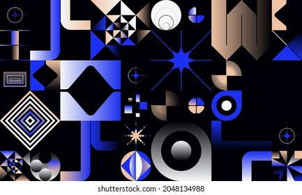 Geometric artwork design with simple shapes and figures. Abstract pattern graphics with geometrical forms and elements. Perfect for web banner, business presentation, branding package, fabric print.
