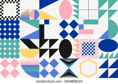 Geometric artwork design with simple shapes and figures. Abstract pattern graphics with geometrical forms and elements. Perfect for web banner, business presentation, branding package, fabric print.