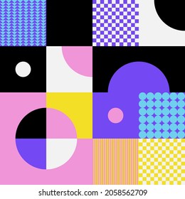 Geometric artwork design with simple shapes and figures. Abstract pattern graphics with geometrical forms and elements. Perfect for web banner, business presentation, branding package, fabric print.