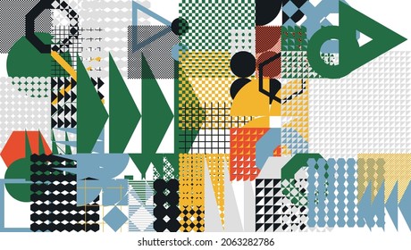 Geometric artwork design with simple shapes and figures. Abstract pattern graphics with geometrical forms and elements. Perfect for web banner, business presentation, branding package, fabric print.