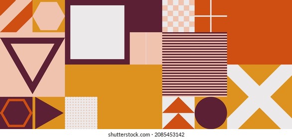 Geometric artwork design with simple shapes and figures. Abstract pattern graphics with geometrical forms and elements. Perfect for web banner, business presentation, branding package, fabric print.