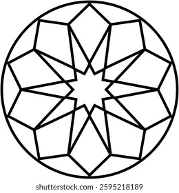 Geometric artwork with outer circle containing star shape and polygon structures. Symmetrical and angular pattern.  Elegant and balanced design. Black outline on isolated background.