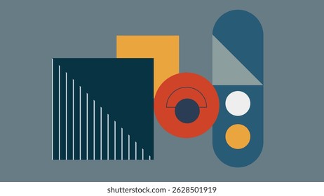 Trabalho artístico geométrico com elementos de triângulo, círculo e quadrado em tons suaves. Limpar layout abstrato em um plano de fundo cinza suave.