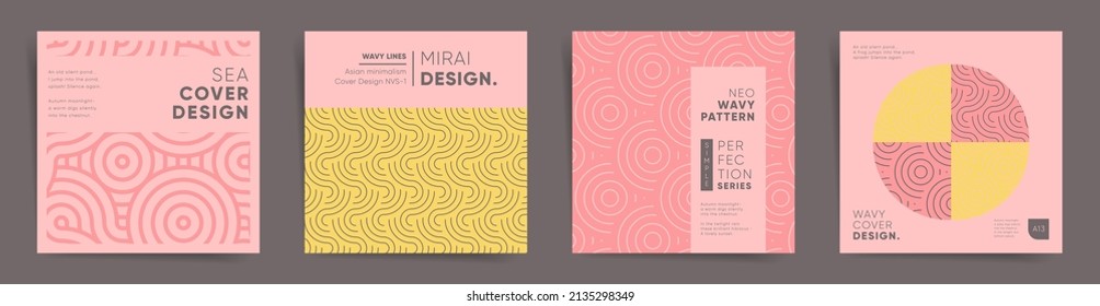 Geometric asian design square template set. Japanese wavy fashion graphic layout for poster, brochure, album cover, flyer, catalog, background. Decorative pink sakura line art pattern collection