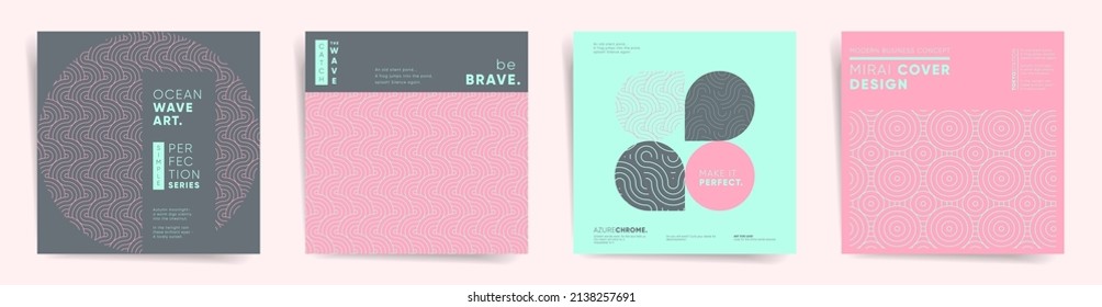 Geometric asian design square template set. Aesthetic waves graphic layouts for poster, brochure, album cover, flyer, catalog, presentation background. Decorative sea line art pattern collection