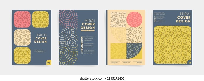 Geometric asian design template set. Japanese wavy graphic layouts bundle  for poster, brochure, book cover, flyer, catalog, notebook, vertical background. Decorative fashion bauhaus geometry kit.