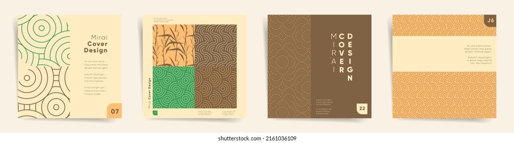 Geometric asian design template set. Japanese nature, wave oriental eclecticism for square post, book cover, flyer, catalog, notebook, vertical background. Minimal retro vector social media design.