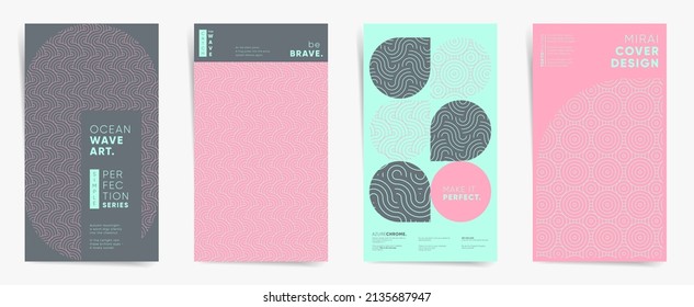 Conjunto de plantillas verticales de diseño geométrico asiático. Diseño gráfico de primavera estética japonesa para historias, portada de folletos, post, volante, folleto, fondo. Patrones decorativos modernos.