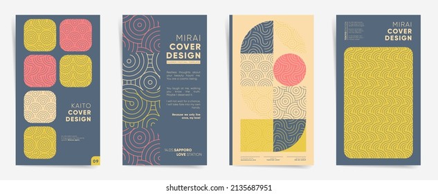 Geometric asian design vertical template set. Japanese bauhaus line art graphic layout for stories, brochure cover, post, flyer, leaflet, background. Decorative retro minimalism pattern backdrops.