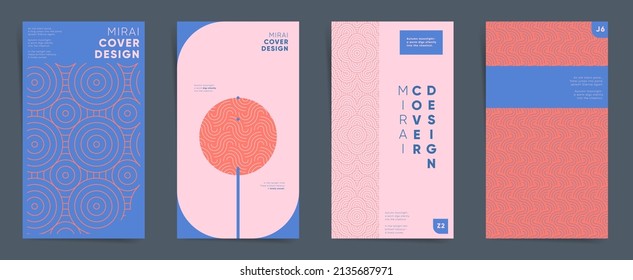 Geometric asian design vertical template set. Japanese swiss line art graphic layout for stories, brochure cover, post, flyer, leaflet, background. Decorative oriental floral pattern backdrops.