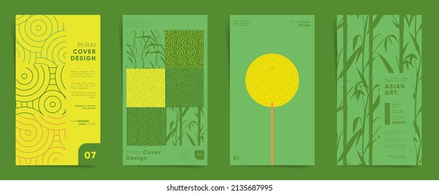 Geometric asian design vertical template set. Japanese natural bamboo graphic layout for stories, brochure cover, post, flyer, leaflet, background. Decorative botanical geometry pattern backdrops.